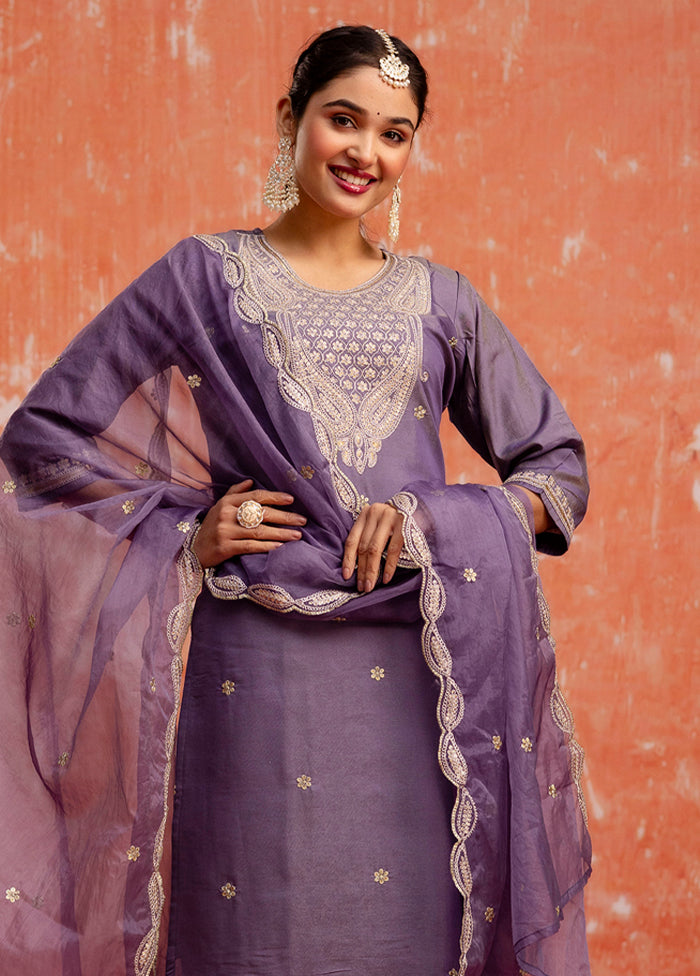 3 Pc Lavender Readymade Silk Dupatta Suit Set