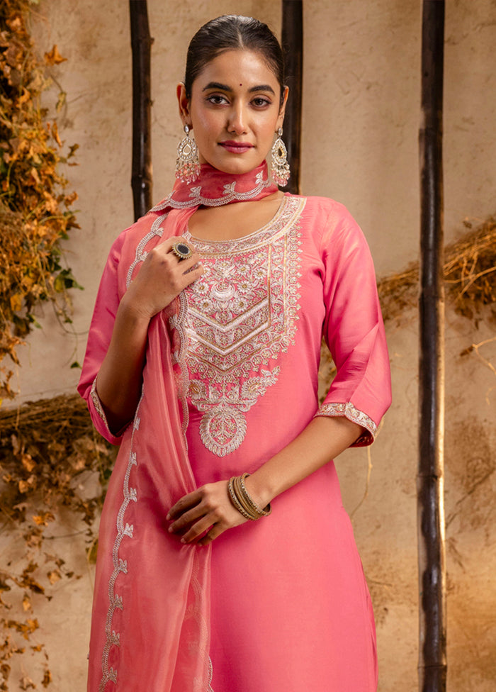 3 Pc Peach Readymade Silk Dupatta Suit Set
