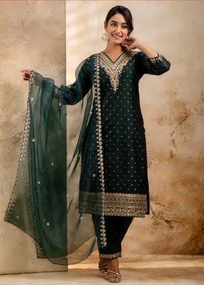 3 Pc Green Readymade Chanderi Dupatta Suit Set