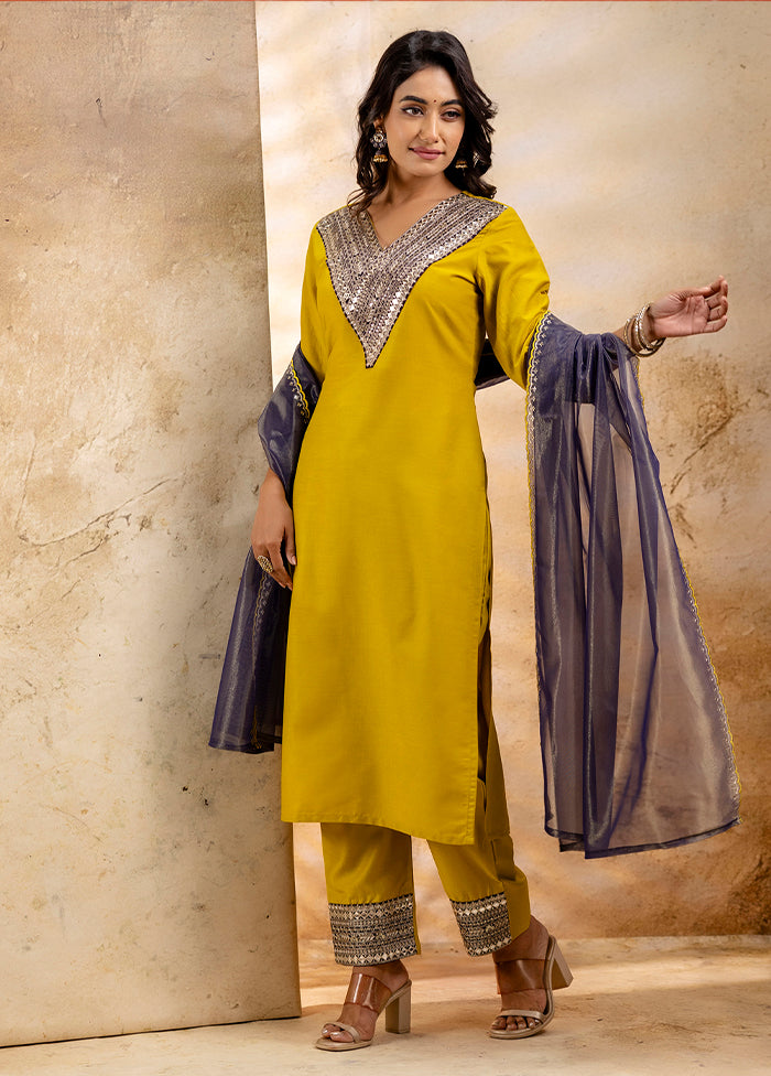 3 Pc Lemon Readymade Viscose Dupatta Suit Set