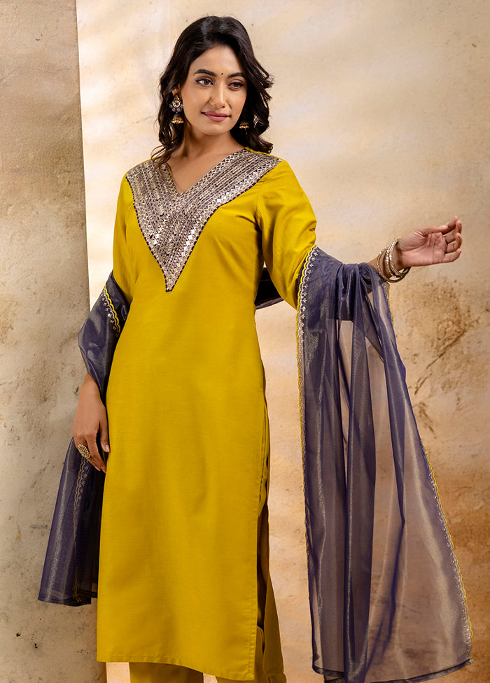 3 Pc Lemon Readymade Viscose Dupatta Suit Set