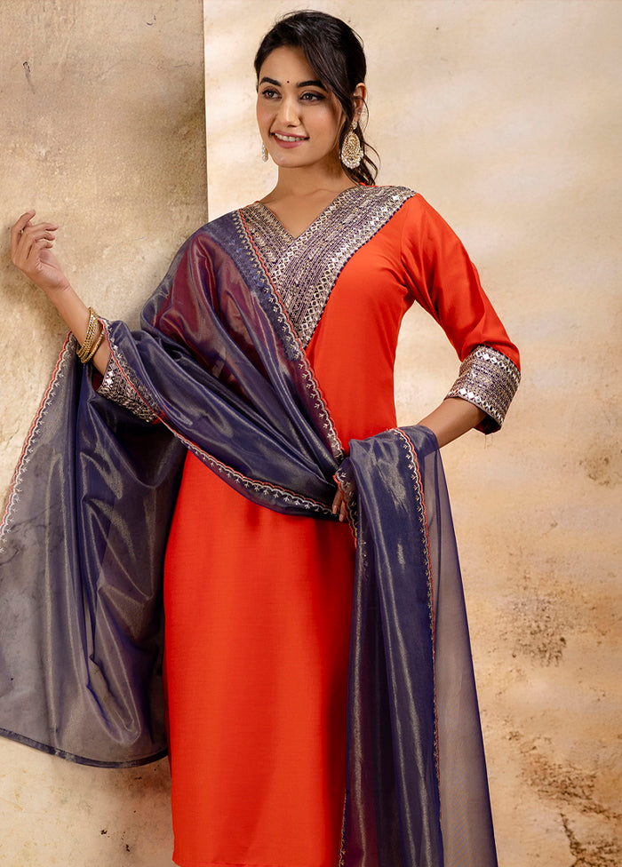 3 Pc Peach Readymade Viscose Dupatta Suit Set