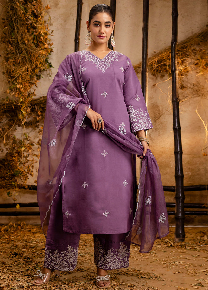 3 Pc Lavender Readymade Silk Dupatta Suit Set
