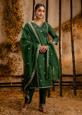 3 Pc Green Readymade Silk Dupatta Suit Set