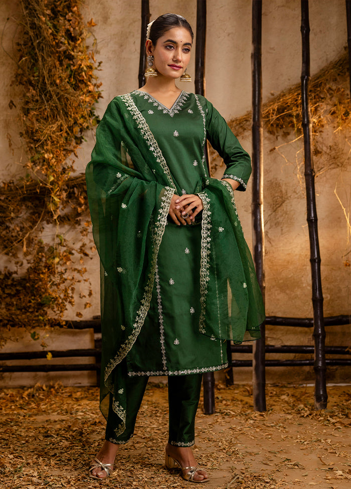 3 Pc Green Readymade Silk Dupatta Suit Set