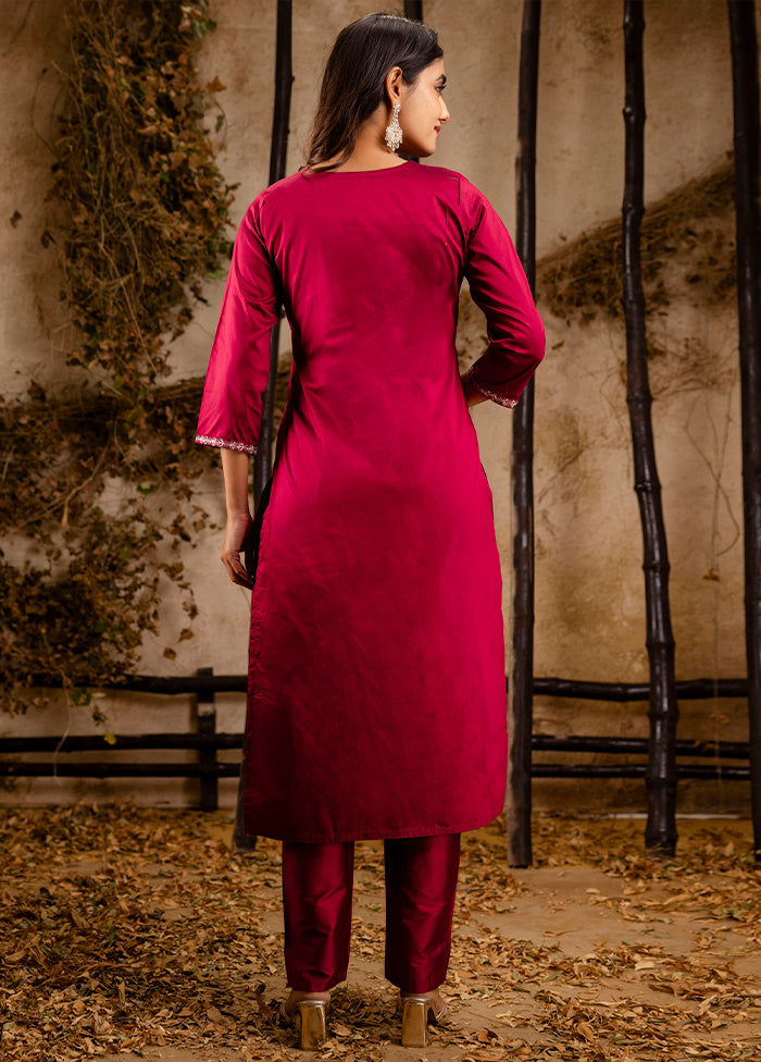 3 Pc Maroon Readymade Silk Dupatta Suit Set