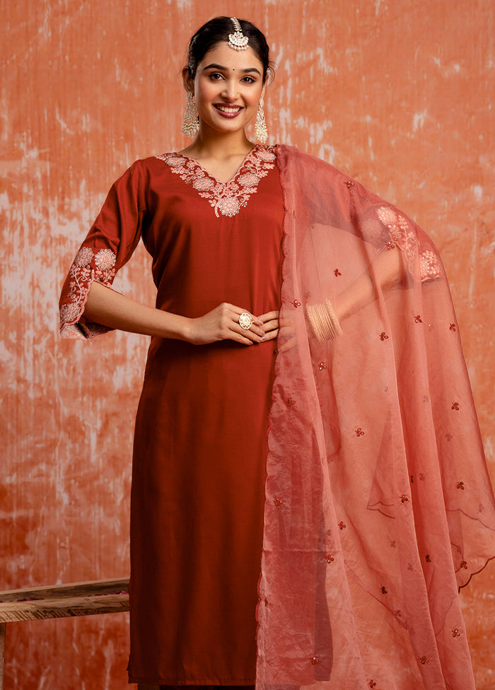 3 Pc Orange Readymade Silk Dupatta Suit Set