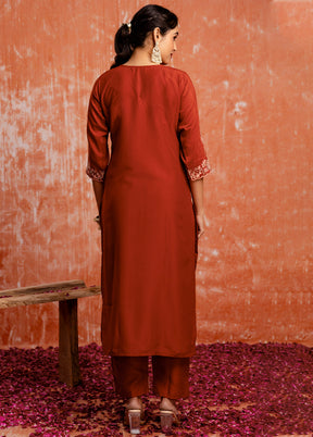 3 Pc Orange Readymade Silk Dupatta Suit Set