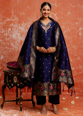 3 Pc Blue Readymade Cotton Dupatta Suit Set