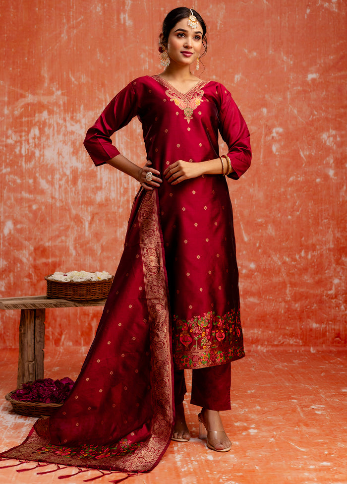 3 Pc Maroon Readymade Cotton Dupatta Suit Set