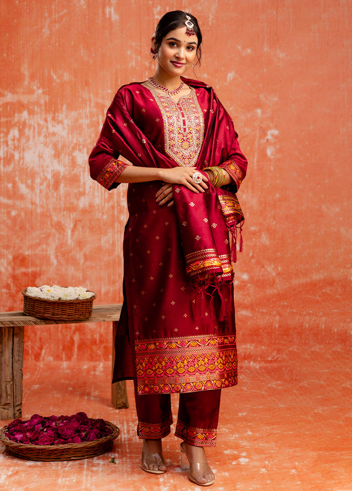 3 Pc Maroon Readymade Cotton Dupatta Suit Set