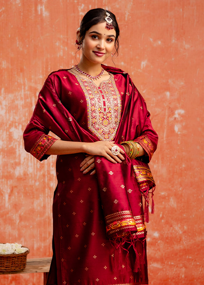 3 Pc Maroon Readymade Cotton Dupatta Suit Set