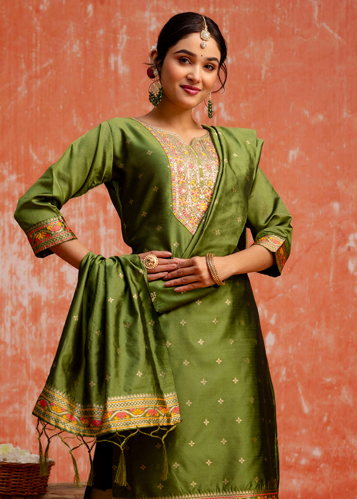 3 Pc Mehendi Readymade Cotton Dupatta Suit Set