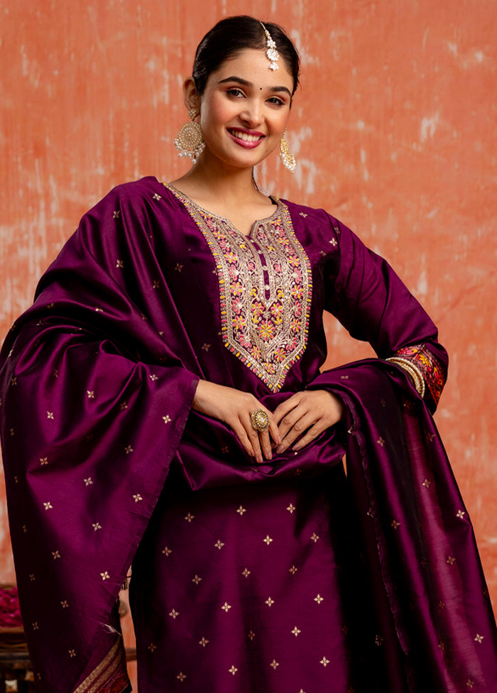 3 Pc Purple Readymade Cotton Dupatta Suit Set