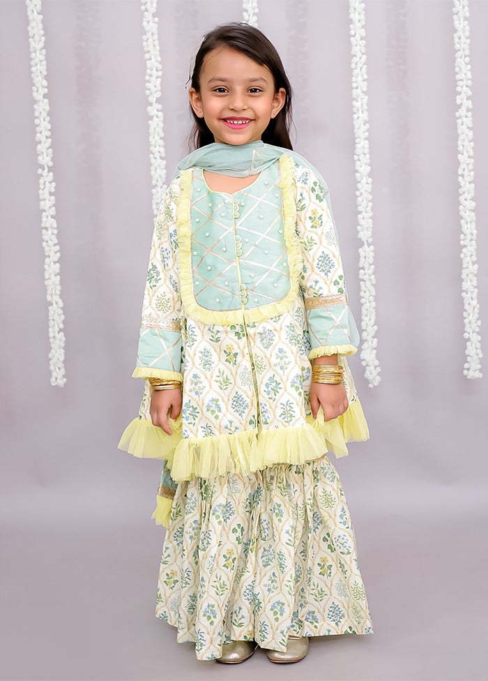 3 Pc Green Silk Sharara Set