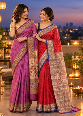 Zari Darbar Duo – Purple & Red Printed Silk Sarees