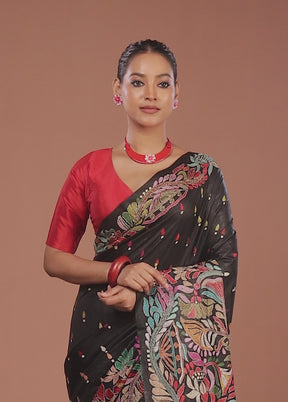 Black Handloom Kantha Stitch Pure Silk Saree With Blouse Piece