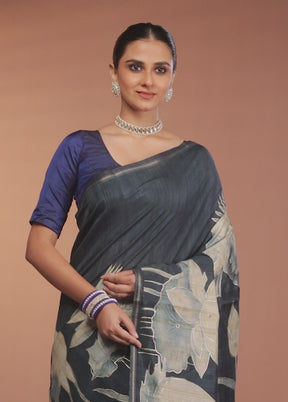 Blue Tussar Silk Saree With Blouse Piece