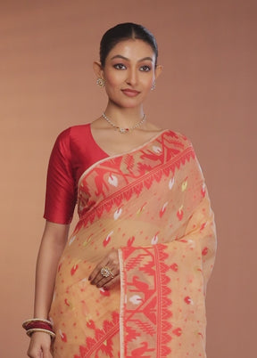 Peach Tant Jamdani Saree Without Blouse Piece