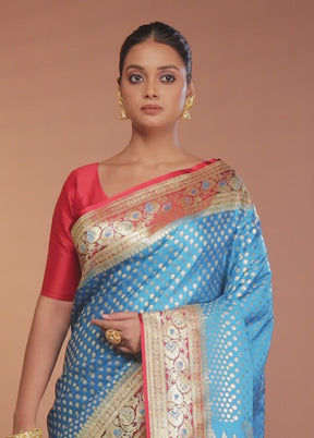 Blue Banarasi Silk Saree With Blouse Piece