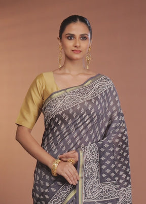 Grey Chanderi Silk Saree With Blouse Piece