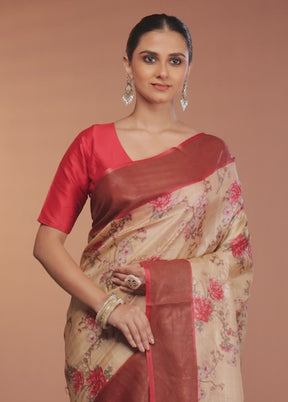 Cream Tussar Silk Saree With Blouse Piece