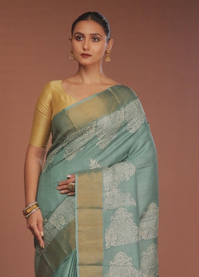 Green Tussar Silk Saree With Blouse Piece