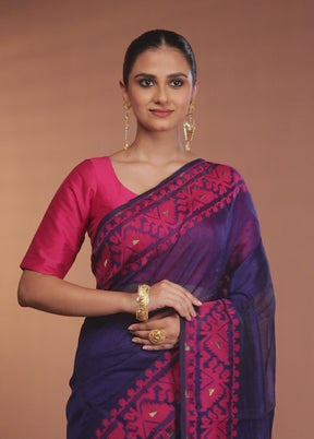 Blue Tant Jamdani Saree Without Blouse Piece