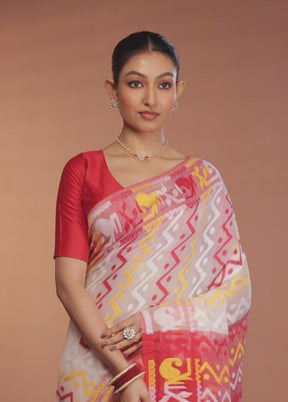 Red Tant Jamdani Saree Without Blouse Piece