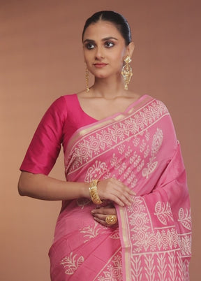 Pink Chanderi Silk Saree With Blouse Piece