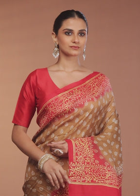 Brown Printed Pure Silk Saree Without Blouse Piece