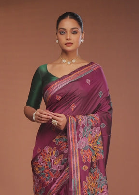 Maroon Kantha Stitch Silk Saree With Blouse Piece