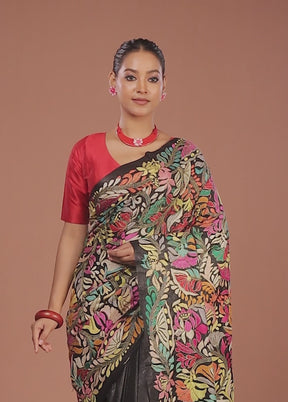 Black Handloom Kantha Stitch Pure Silk Saree With Blouse Piece