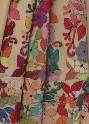 Cream Handloom Kantha Stitch Pure Silk Saree With Blouse Piece