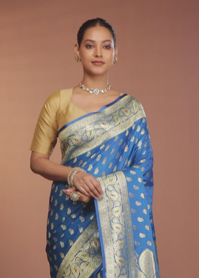 Blue Banarasi Silk Saree With Blouse Piece