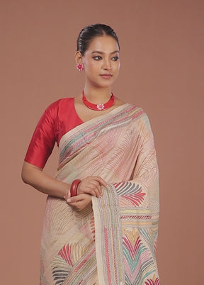 Cream Handloom Kantha Stitch Pure Silk Saree With Blouse Piece