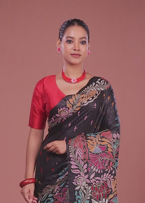 Black Handloom Kantha Stitch Pure Silk Saree With Blouse Piece