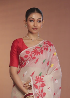 Cream Tant Jamdani Saree Without Blouse Piece