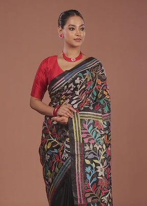 Black Handloom Kantha Stitch Pure Silk Saree With Blouse Piece