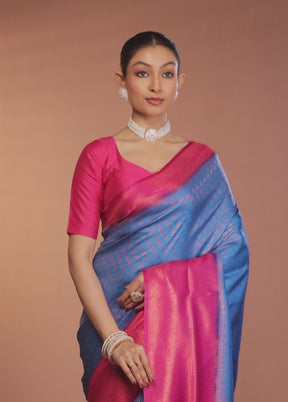 Blue Dupion Silk Saree With Blouse Piece