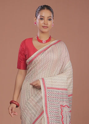 Cream Handloom Kantha Stitch Pure Silk Saree With Blouse Piece