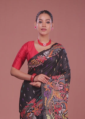 Black Handloom Kantha Stitch Pure Silk Saree With Blouse Piece