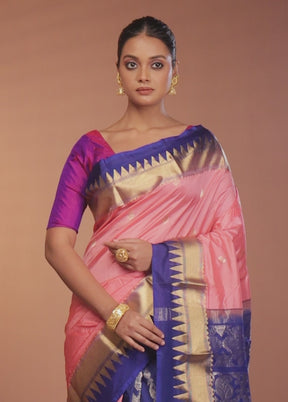 Peach Handloom Kanjivaram Pure Silk Saree With Blouse Piece