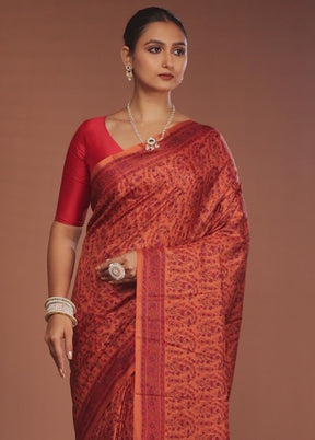 Orange Handloom Printed Pure Silk Saree Without Blouse Piece