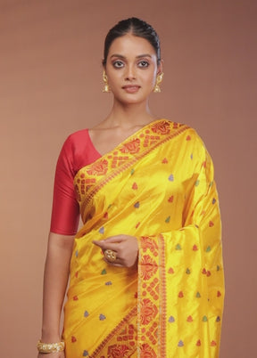 Yellow Handloom Assam Pure Silk Saree With Blouse Piece