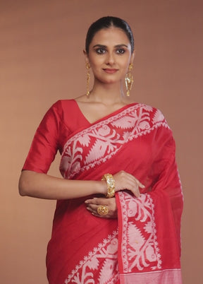 Red Tant Jamdani Saree Without Blouse Piece