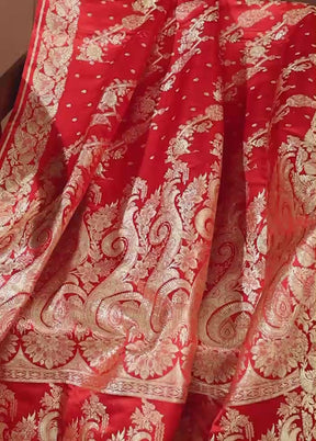 Red Handloom Banarasi Pure Silk Saree With Blouse Piece