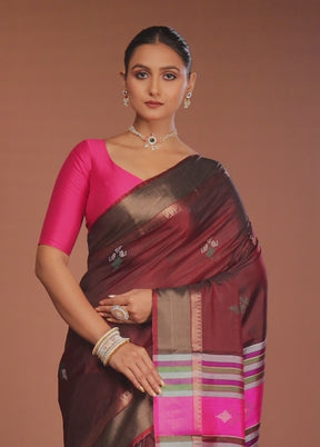 Maroon Handloom Kalakshetra Pure Silk Saree With Blouse Piece