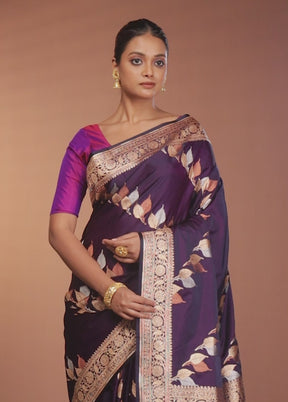Purple Handloom Banarasi Pure Silk Saree With Blouse Piece
