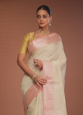Cream Kora Silk Saree With Blouse Piece
